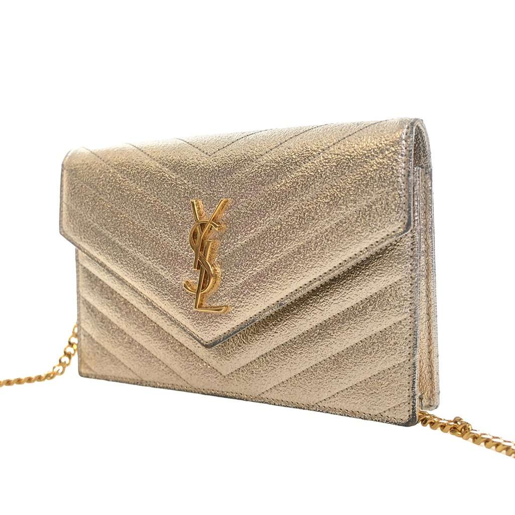 Saint Laurent Metallic Crackled Chevron Calfskin Monogram Envelope Chain Wallet Gold Leather Very good - Back View