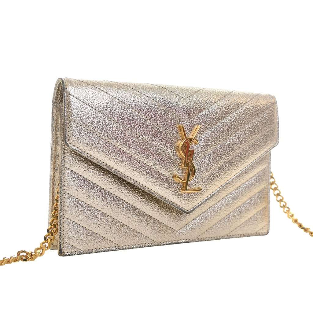 Saint Laurent Metallic Crackled Chevron Calfskin Monogram Envelope Chain Wallet Gold Leather Very good - Inside View