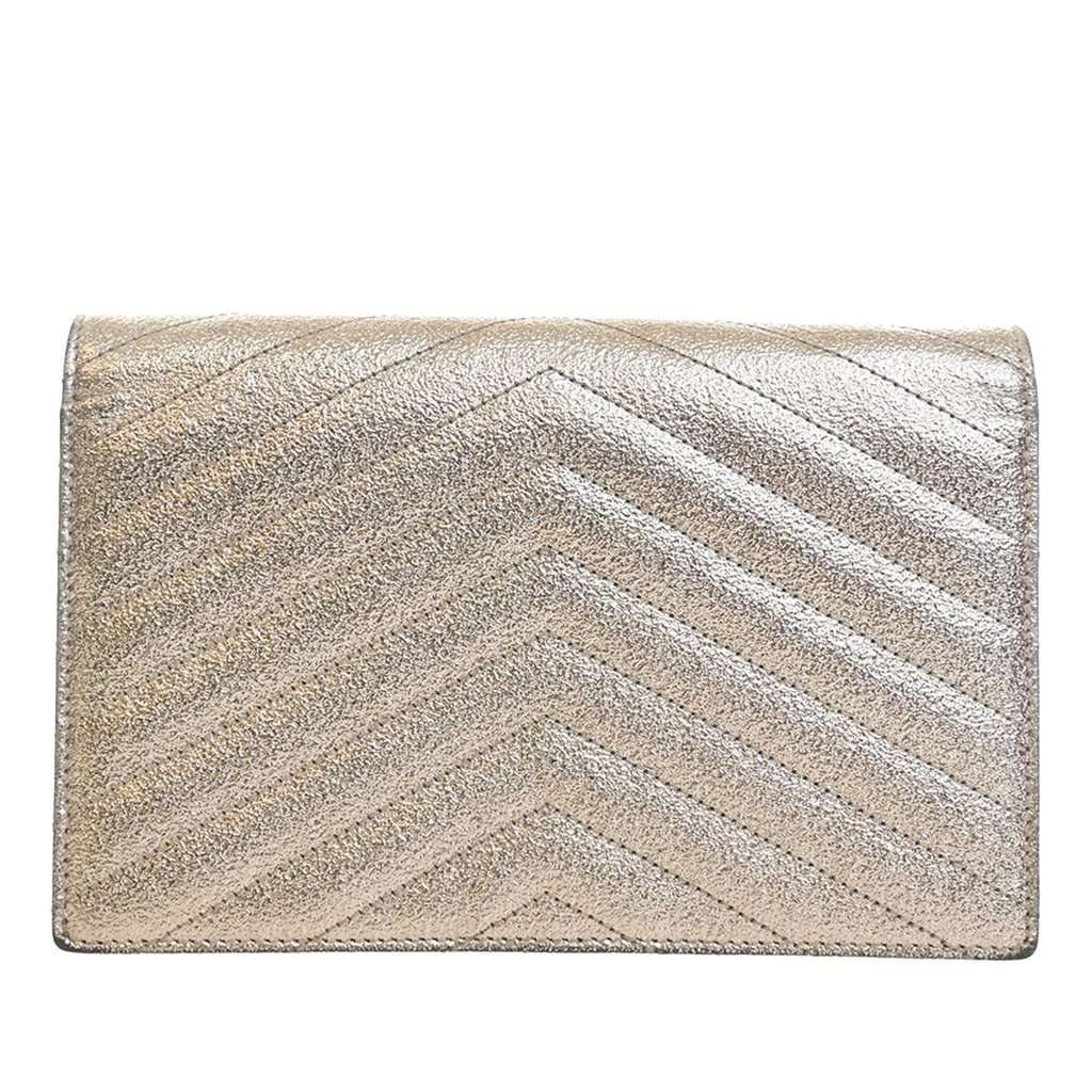 Saint Laurent Metallic Crackled Chevron Calfskin Monogram Envelope Chain Wallet Gold Leather Very good - Model View