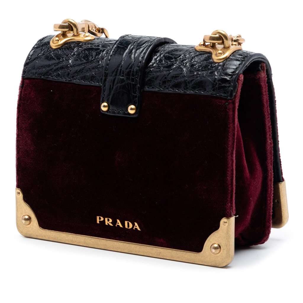 Prada Micro Croc Embossed Leather Trimmed Velluto Cahier Crossbody Red Very good condition - Back View