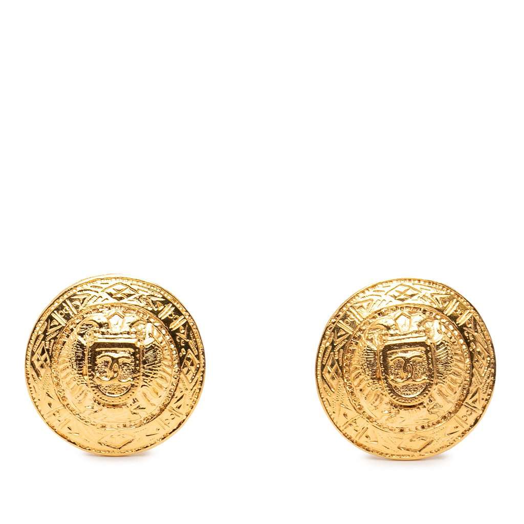 Chanel CC Gold Plated Round Clip On Earrings Gold Metal Very good - Front View