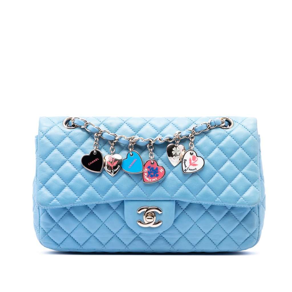 Chanel Medium Classic Lambskin Valentines Heart Charms Single Flap Blue Leather Very good condition - Front View