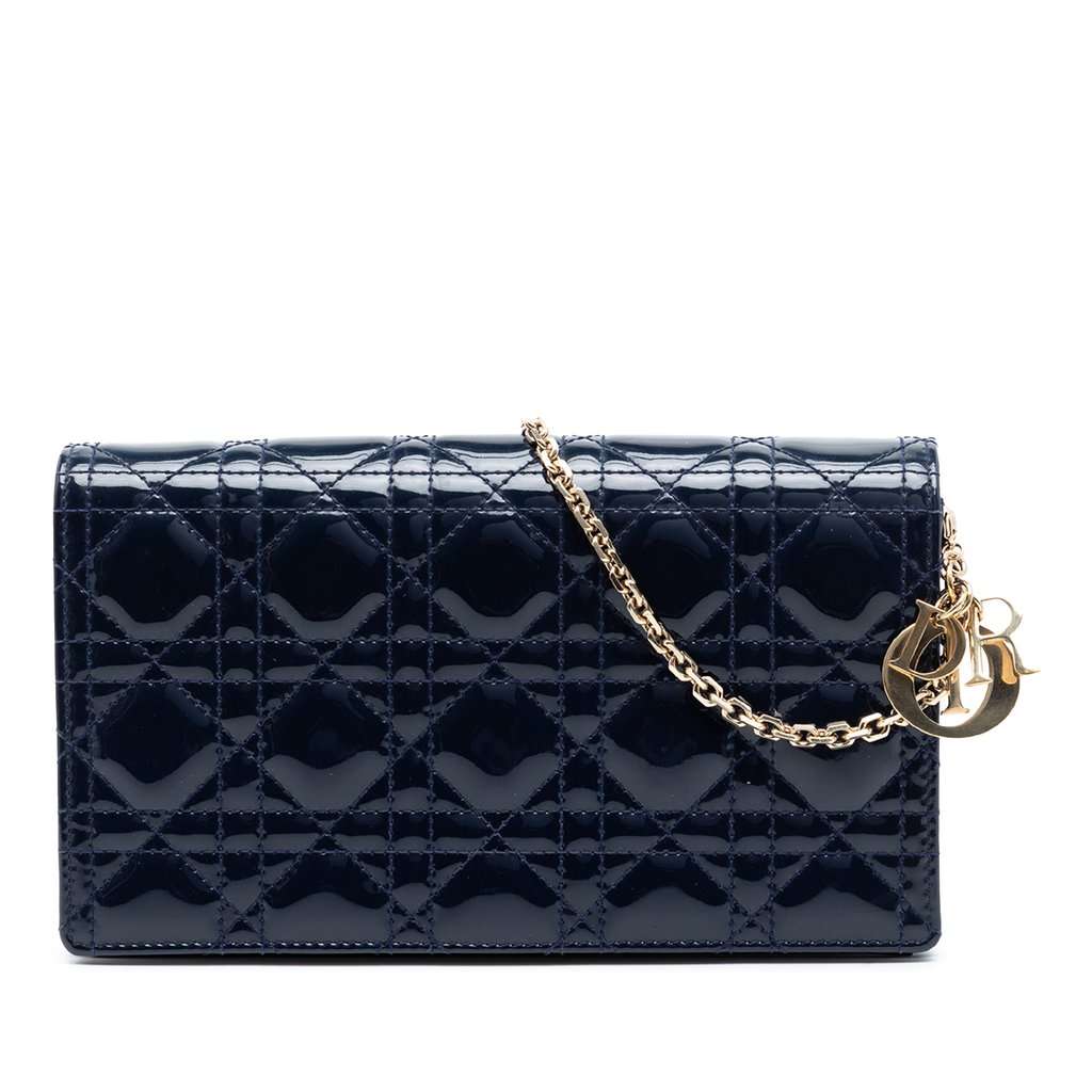Dior Patent Cannage Lady Dior Pouch with Chain Blue Leather Very good condition - Front View