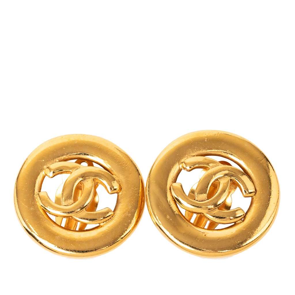Chanel CC Gold Plated Round Clip On Earrings Gold Metal Very good condition - Front View