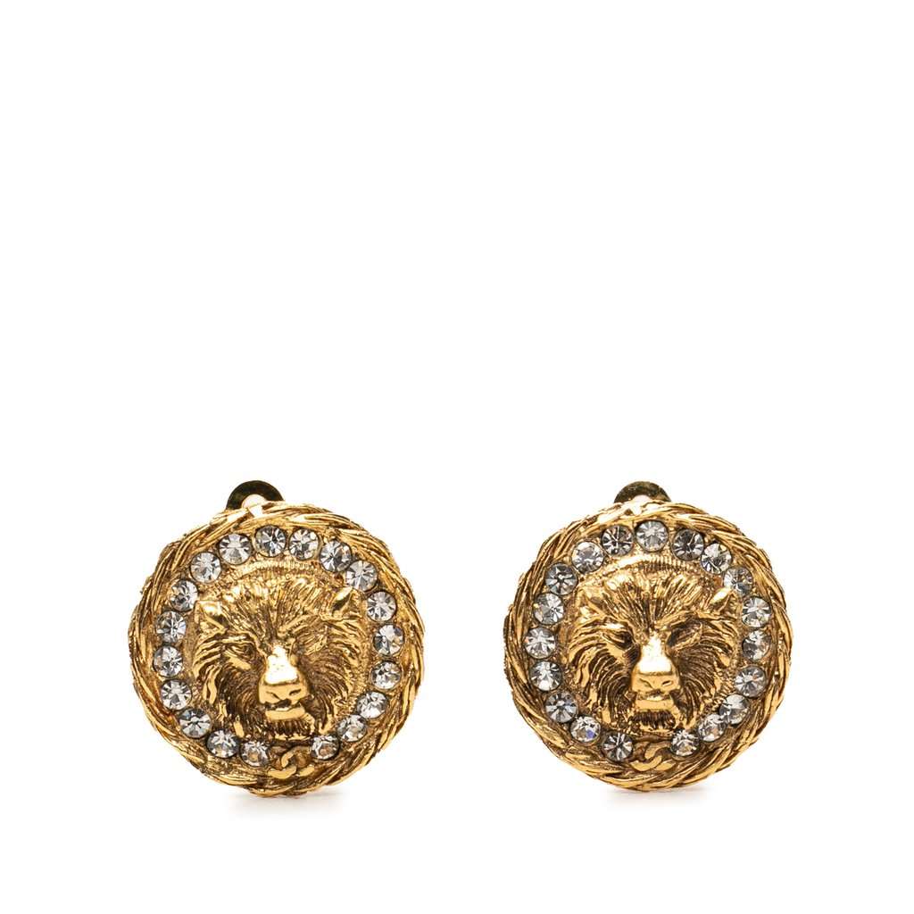 Chanel Gold Plated Strass Lion Head Clip On Earrings Gold Metal Very good - Front View