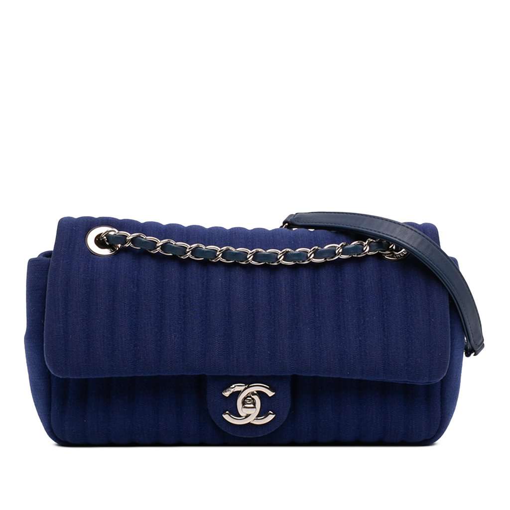 Chanel Medium Vertical Quilted Jersey Single Flap Blue Very good condition - Front View