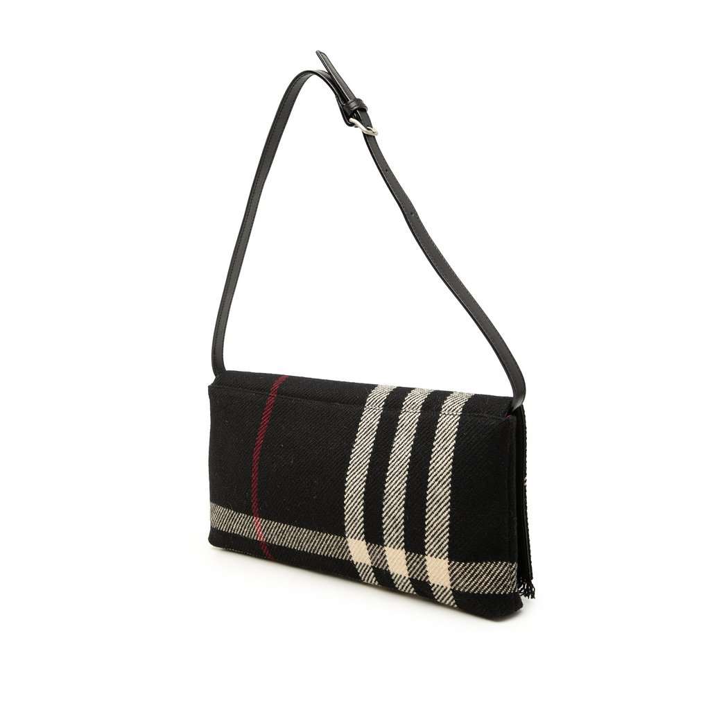 Burberry Exploded Check Wool Fringe Shoulder Bag Black Very good condition - Back View