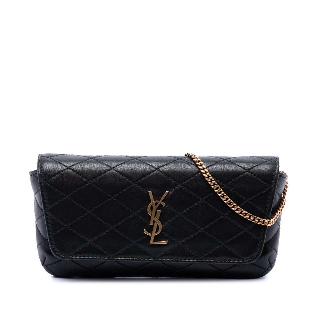 Saint Laurent Quilted Lambskin Monogram Gaby Phone Holder Crossbody Black Leather Very good - Front View