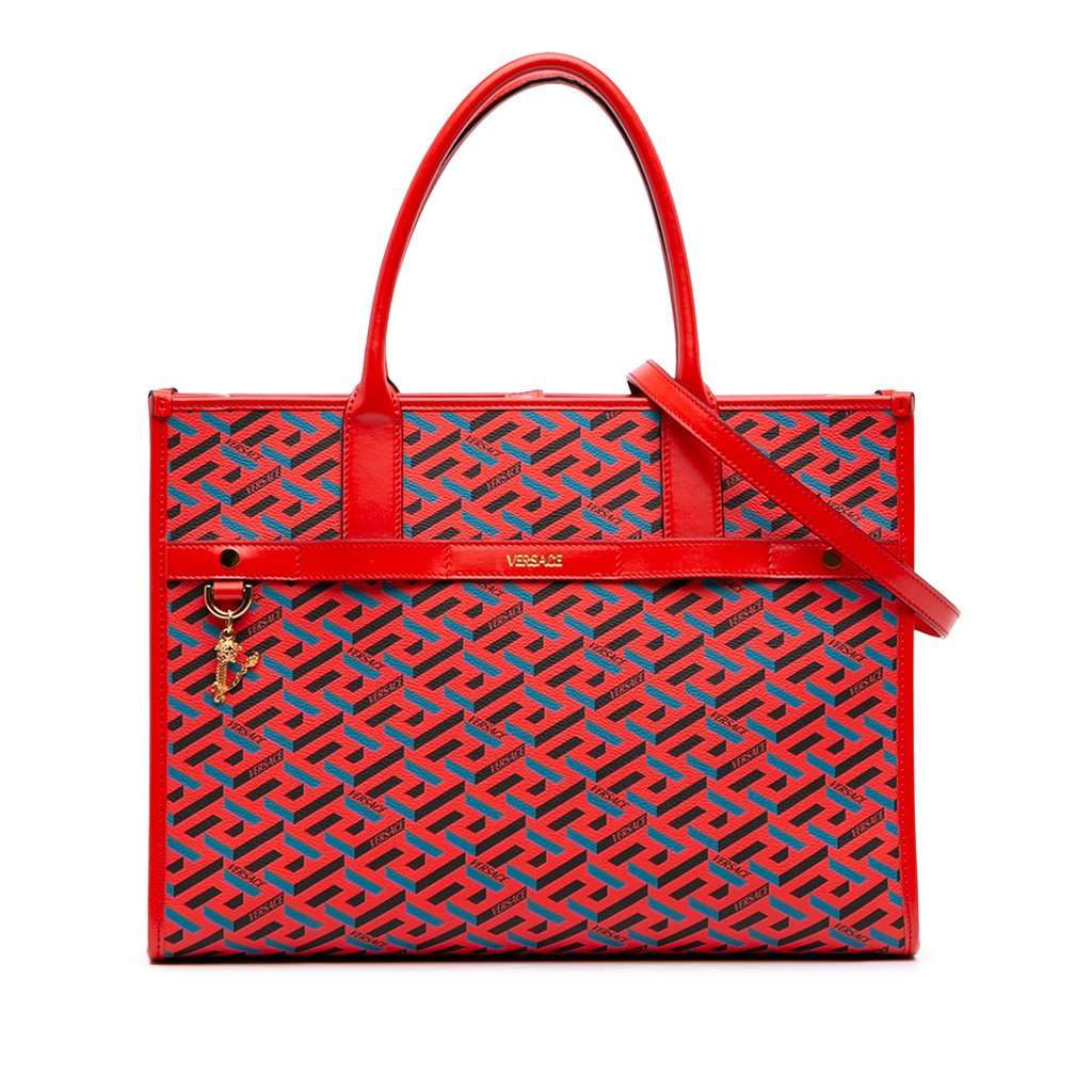 Versace Multicolor Coated Canvas La Greca Tote Red Very good condition - Front View