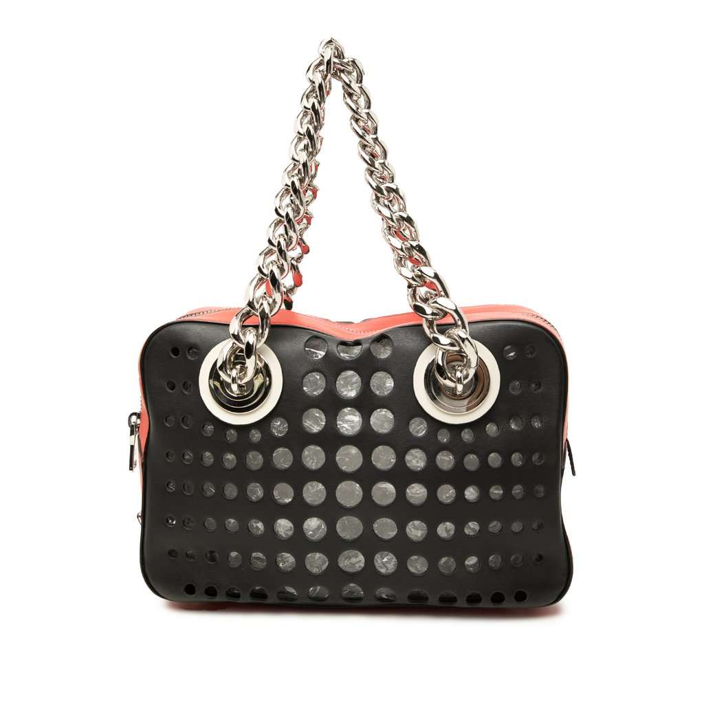 Prada Perforated Leather City Fori Chain Handbag Black Leather Very good - Front View
