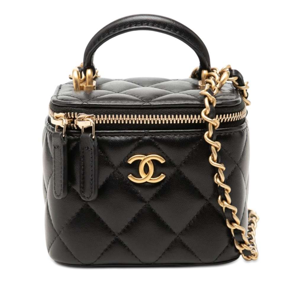 Chanel Mini Quilted Lambskin Top Handle Vanity Case With Chain Black Leather Very good - Front View