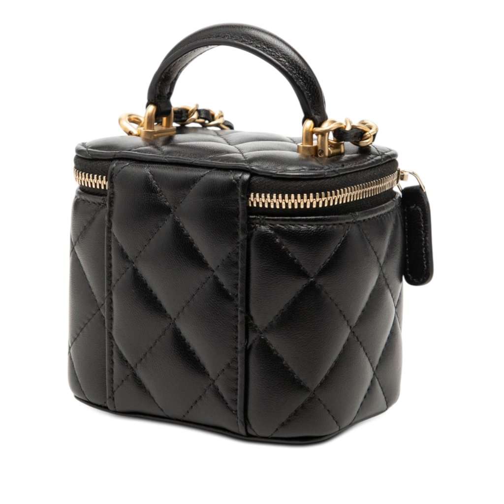 Chanel Mini Quilted Lambskin Top Handle Vanity Case With Chain Black Leather Very good - Back View