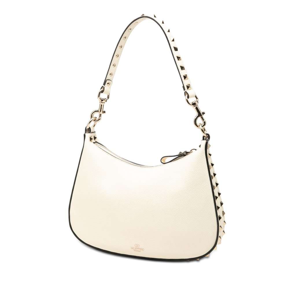 Valentino Small Grainy Calfskin Rockstud Hobo White Leather Very good - Back View