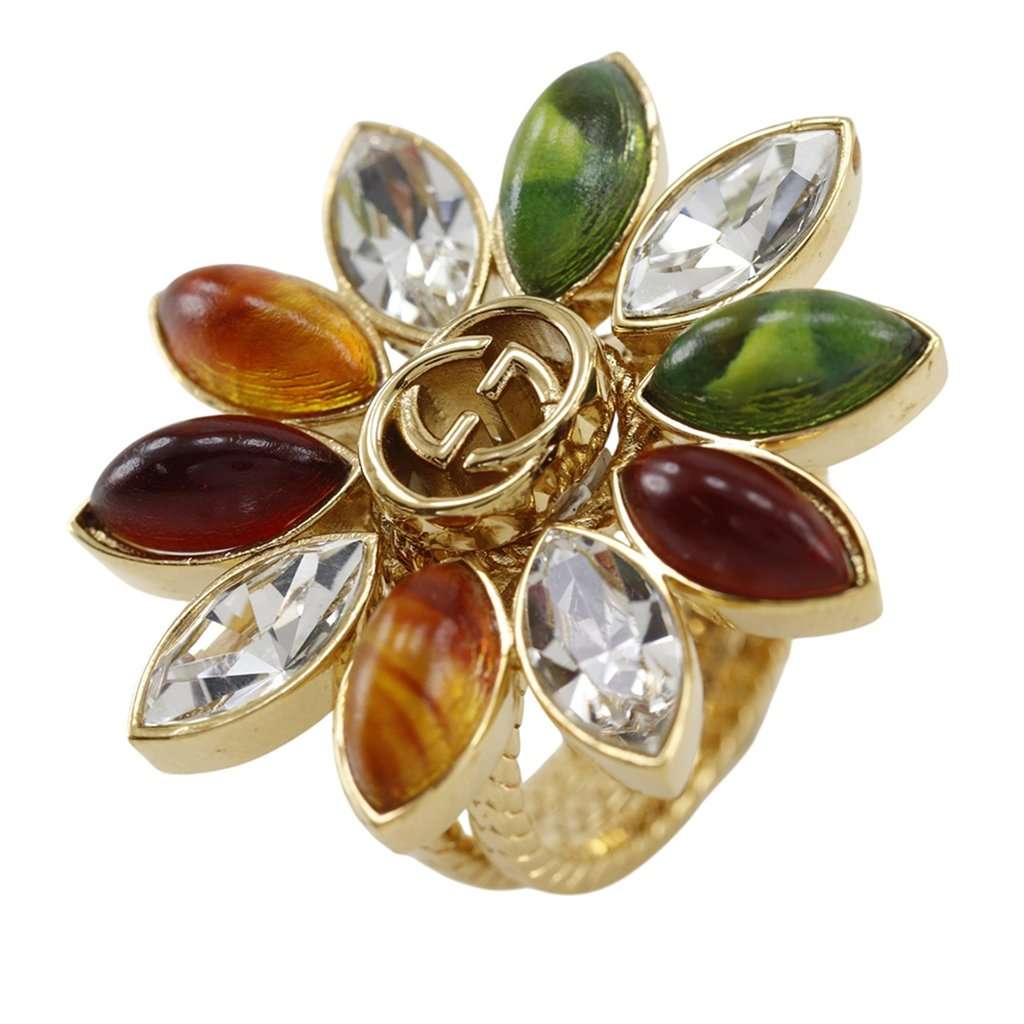 Gucci Gold Plated Strass Interlocking G Flower Ring Gold Metal Very good - Back View