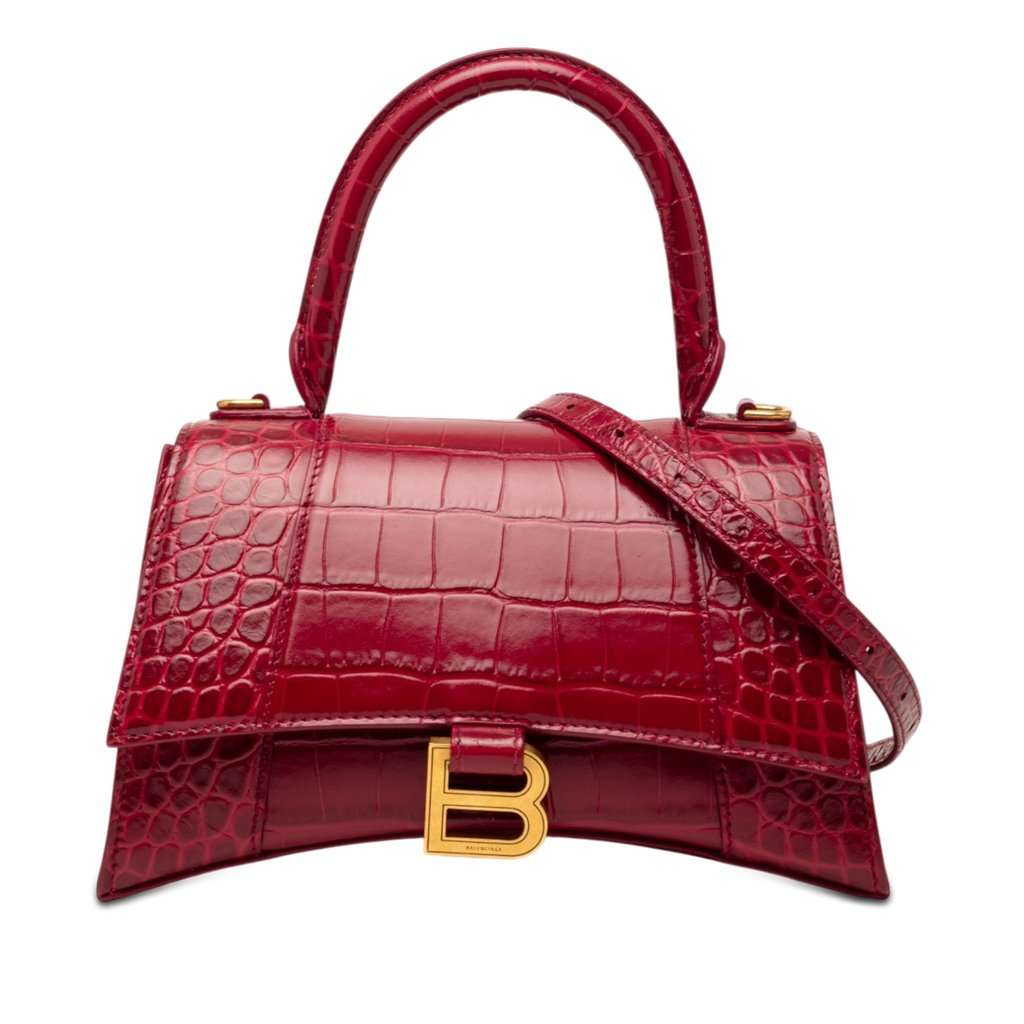 Balenciaga Small Croc Embossed Hourglass Top Handle Bag Red Leather Very good condition - Front View