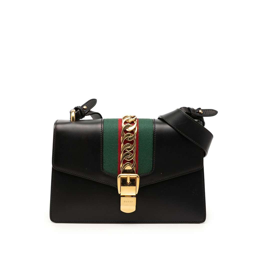 Gucci Small Calfskin Web Sylvie Satchel Black Leather Very good - Front View