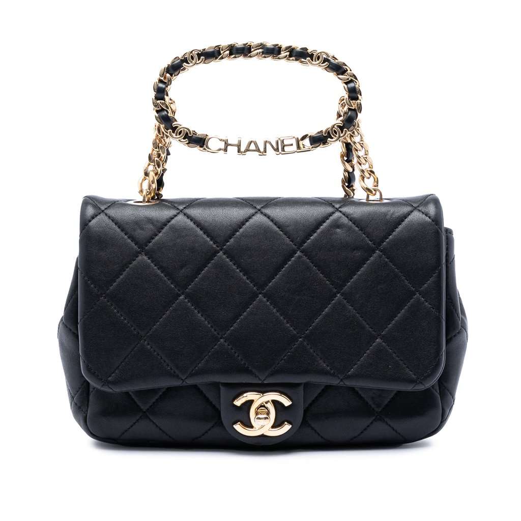 Chanel Small Quilted Lambskin Round Top Handle Flap Black Leather Very good - Front View