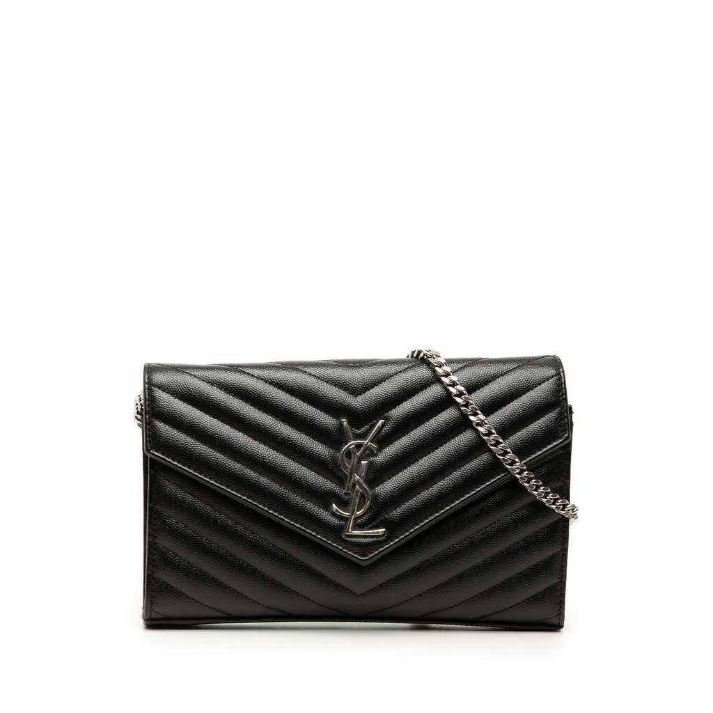 Saint Laurent Grain De Poudre Chevron Monogram Envelope Chain Wallet Black Leather Very good condition - Front View