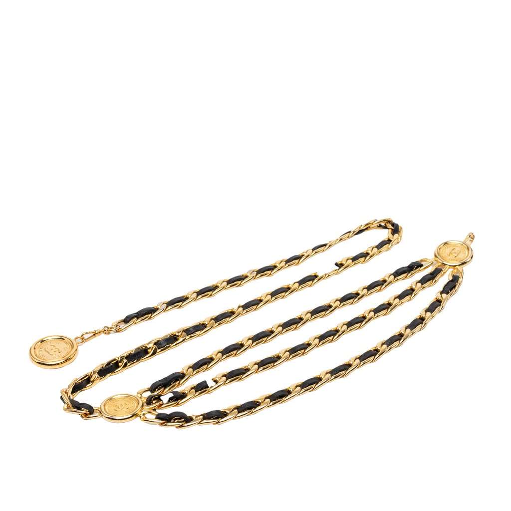 Chanel CC Gold Plated Leather Woven Chain Triple Medallion Belt Gold Metal Very good - Box View