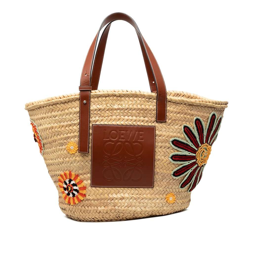 LOEWE Large Floral Embroidered Raffia Basket Tote Beige Very good condition - Front View