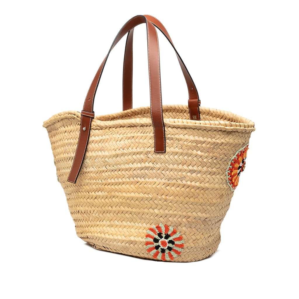 LOEWE Large Floral Embroidered Raffia Basket Tote Beige Very good condition - Back View