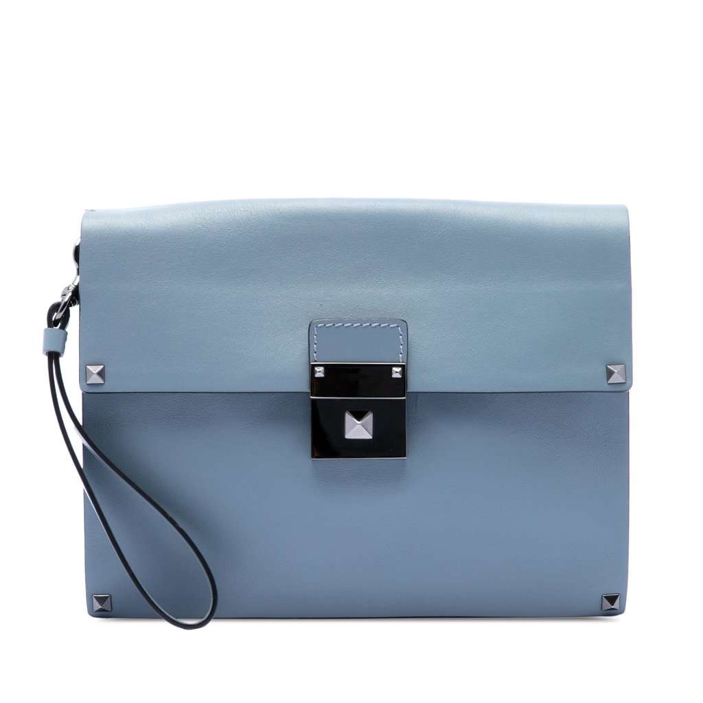 Valentino Leather Rockstud Wristlet Clutch Blue Leather Very good - Front View