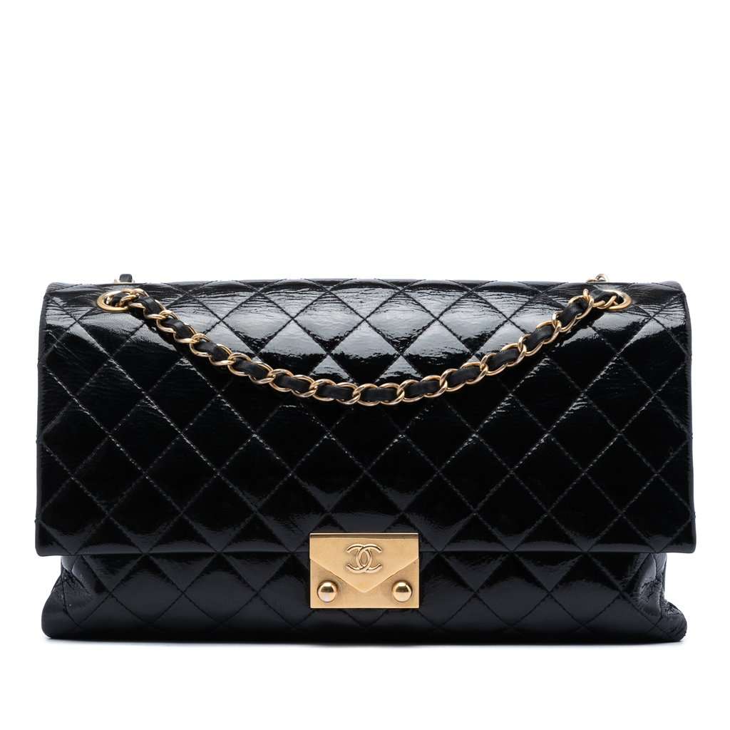 Chanel Quilted Crinkled Patent Pagoda Accordion Flap Black Leather Very good condition - Front View
