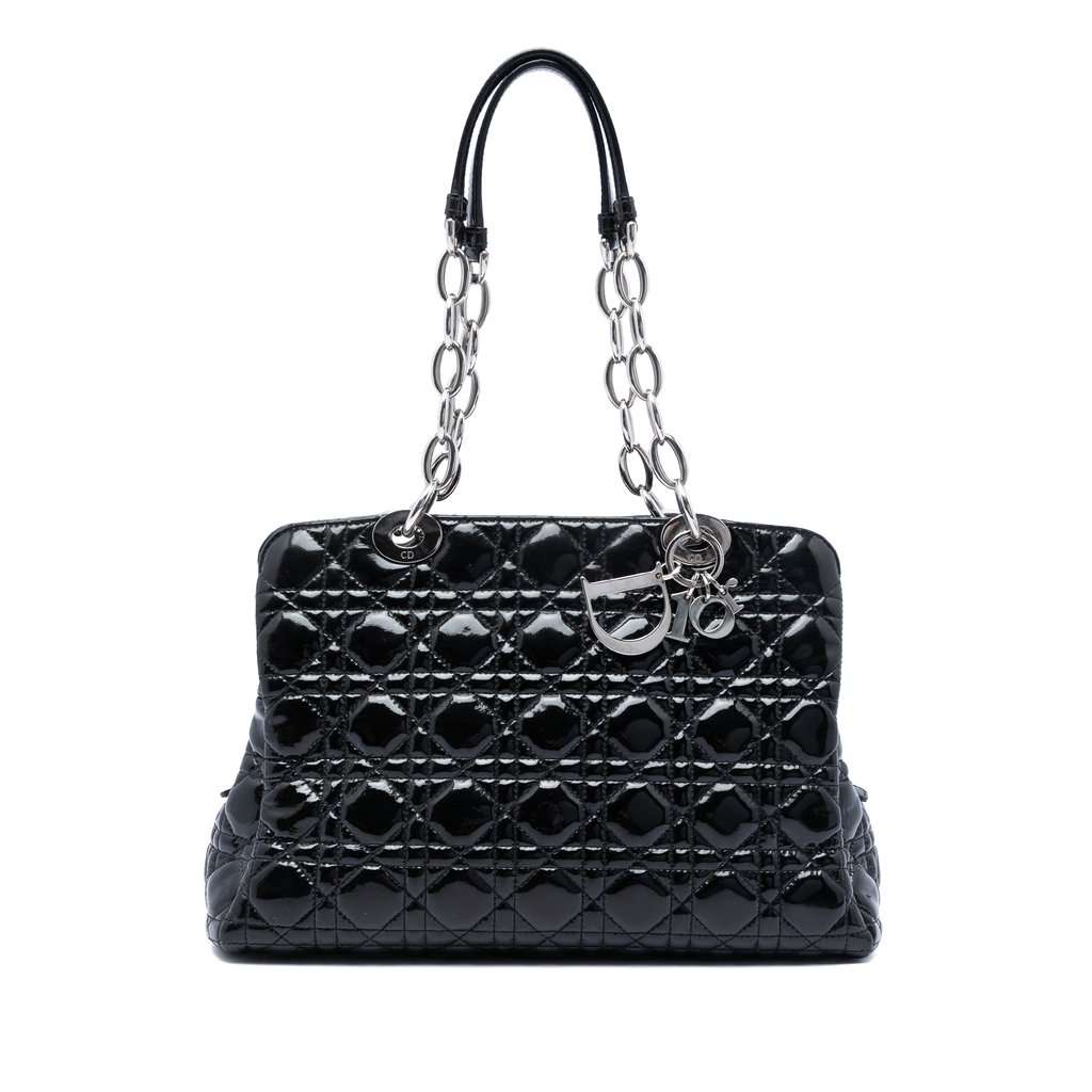 Dior Medium Patent Cannage Lady Dior Soft Shopping Tote Black Leather Very good condition - Front View