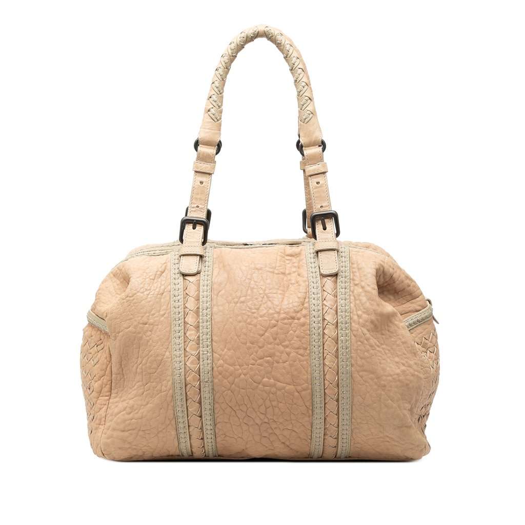 Bottega Veneta Intrecciato Trimmed Pebbled Lambskin Top Handle Bag Beige Leather Very good condition - Front View