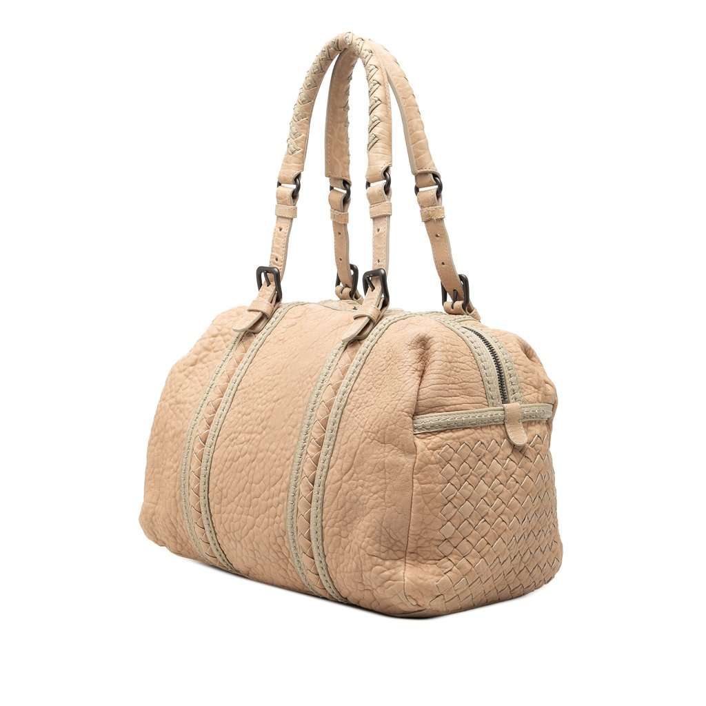 Bottega Veneta Intrecciato Trimmed Pebbled Lambskin Top Handle Bag Beige Leather Very good condition - Back View