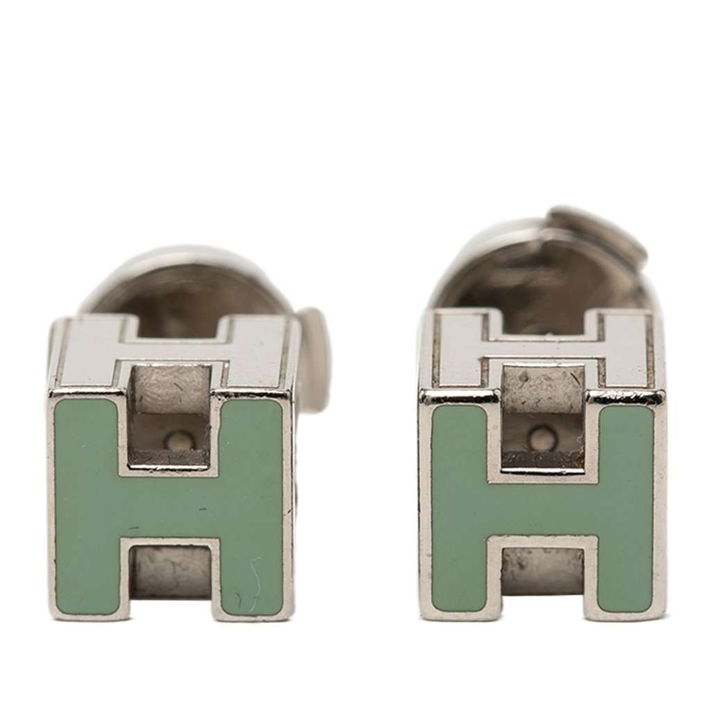 Hermès Palladium Plated Enamel Cage dH Cube Push Back Earrings Green Metal Very good condition - Front View