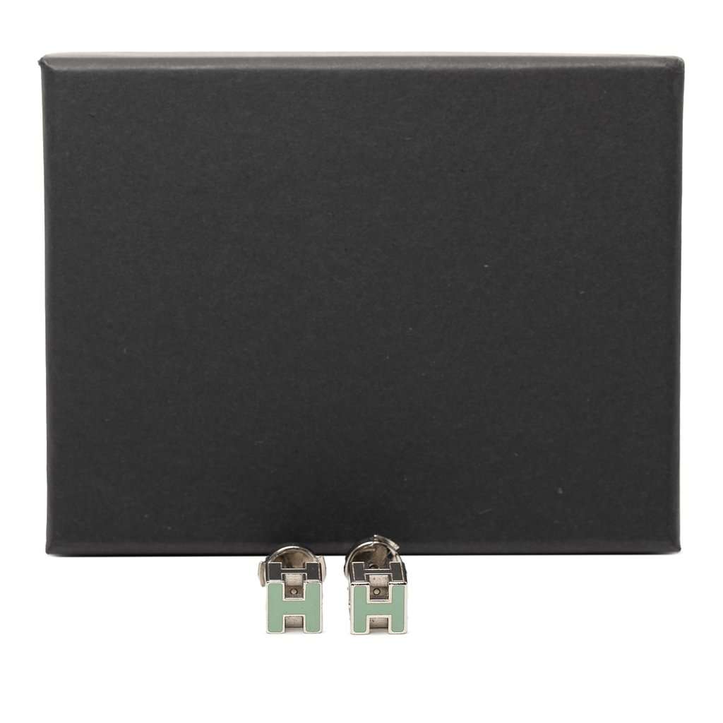 Hermès Palladium Plated Enamel Cage dH Cube Push Back Earrings Green Metal Very good condition - Model View