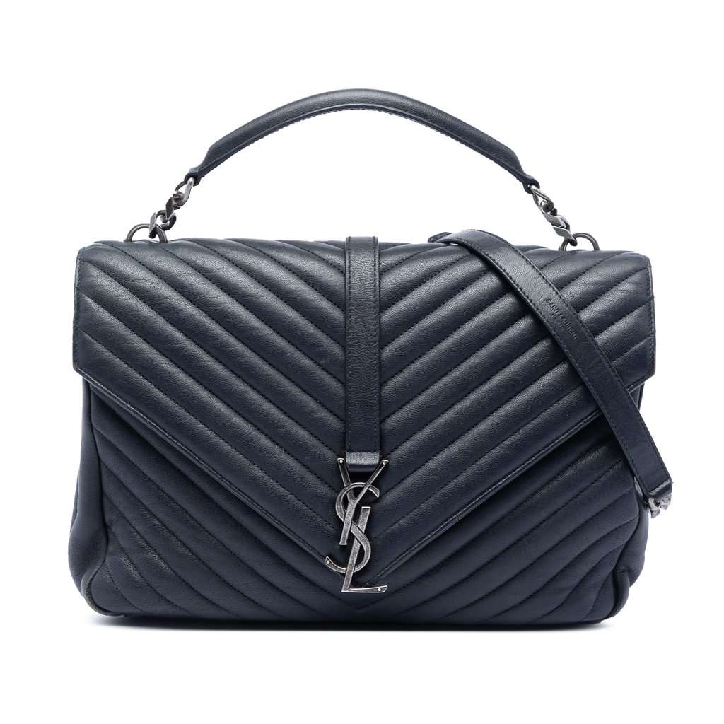 Saint Laurent Large Chevron Sheepskin Monogram College Satchel Blue Leather Very good condition - Front View
