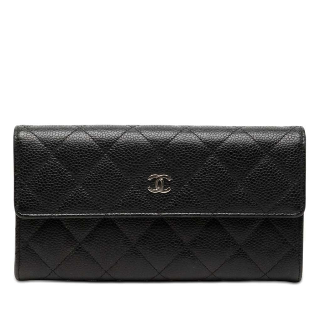 Chanel CC Quilted Caviar Flap Long Wallet Black Leather Very good condition - Front View