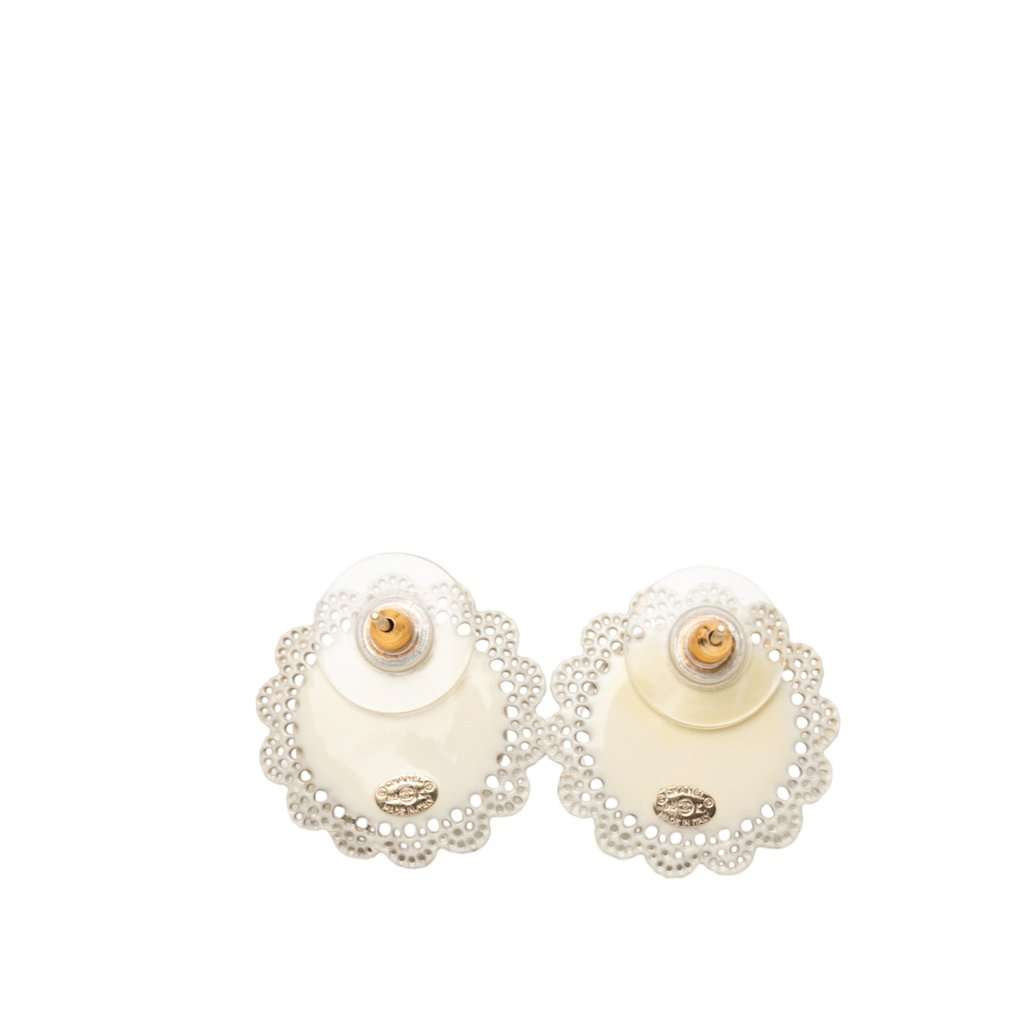 Chanel CC Gold Plated Faux Pearl Lace Push Back Earrings Gold Metal Very good - Back View