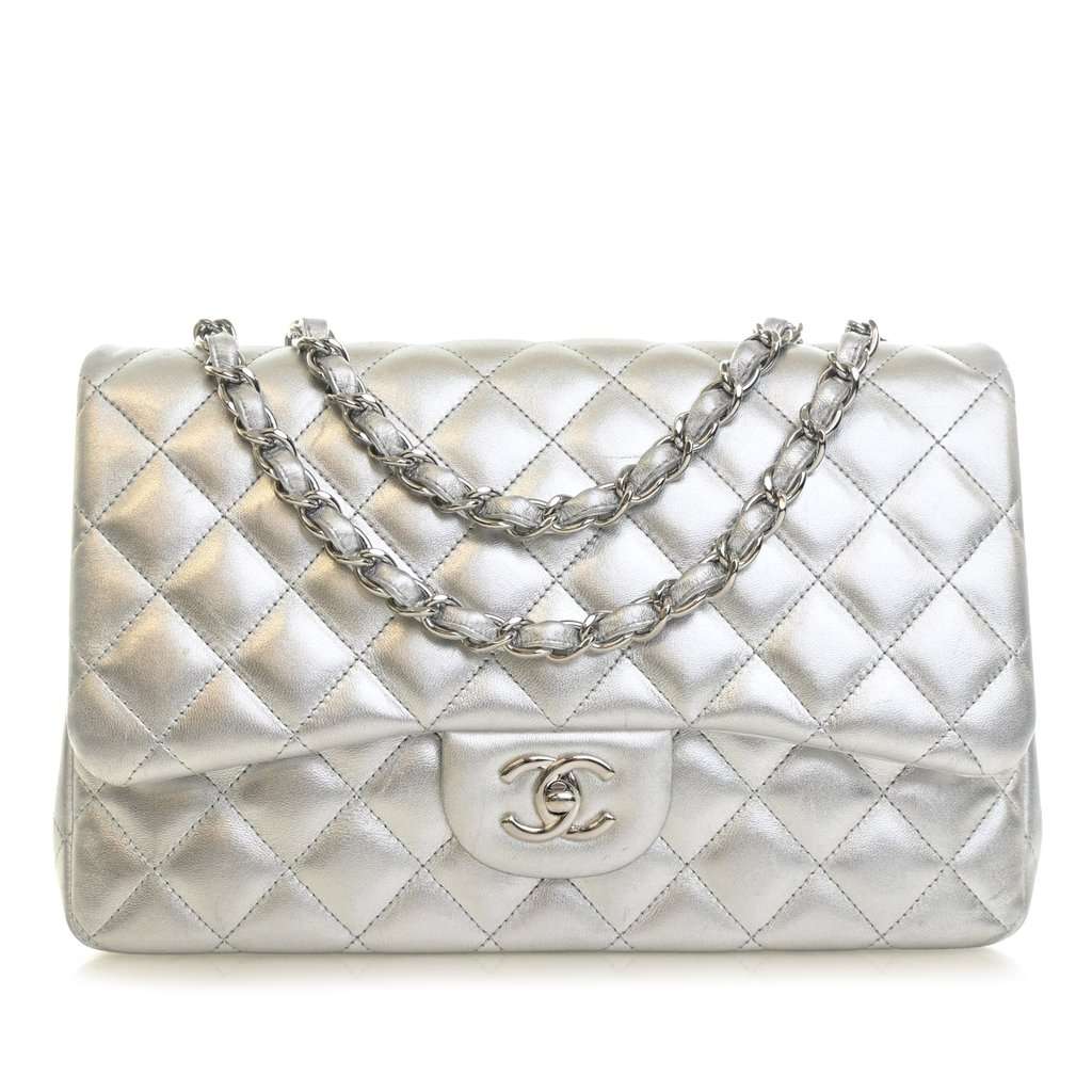 Chanel Jumbo Classic Metallic Lambskin Single Flap Silver Leather Very good condition - Front View