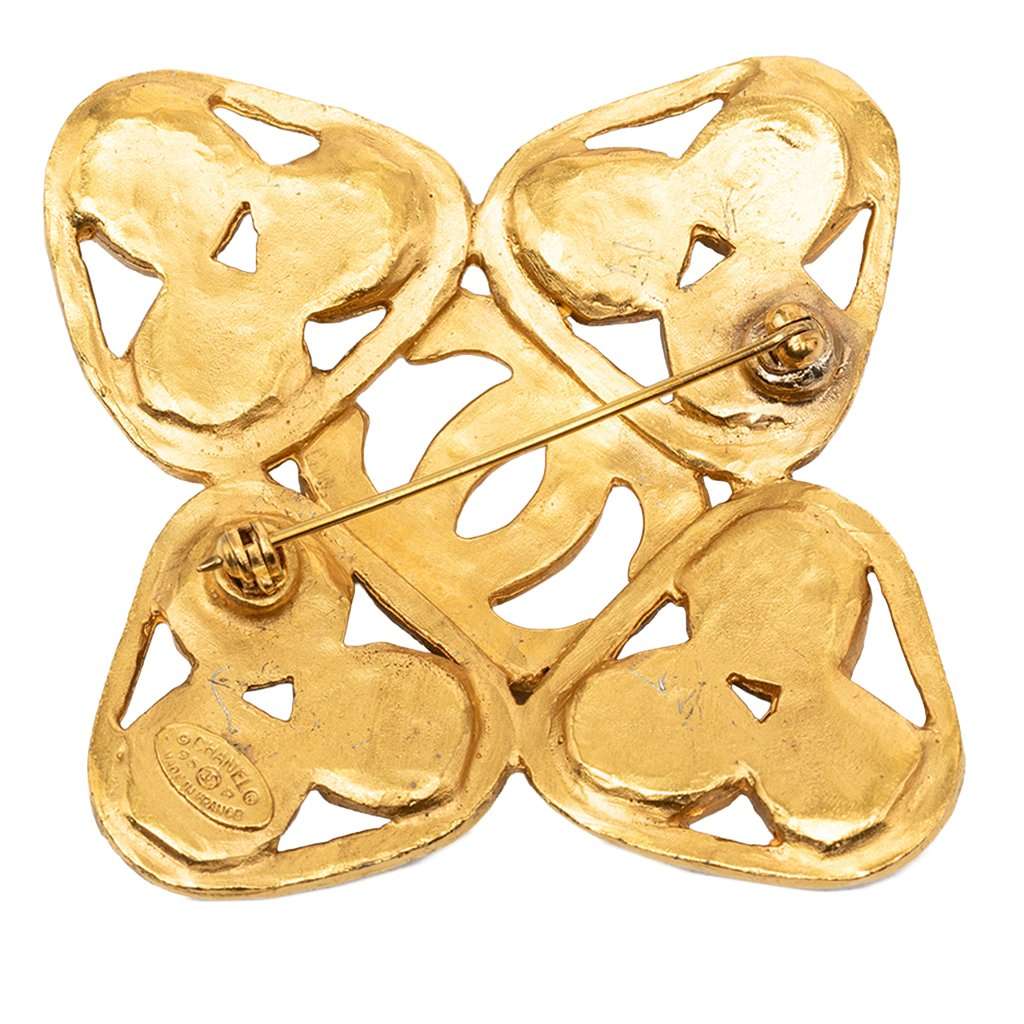 Chanel CC Gold Plated Clover Gripoix Brooch Gold Metal Very good - Back View