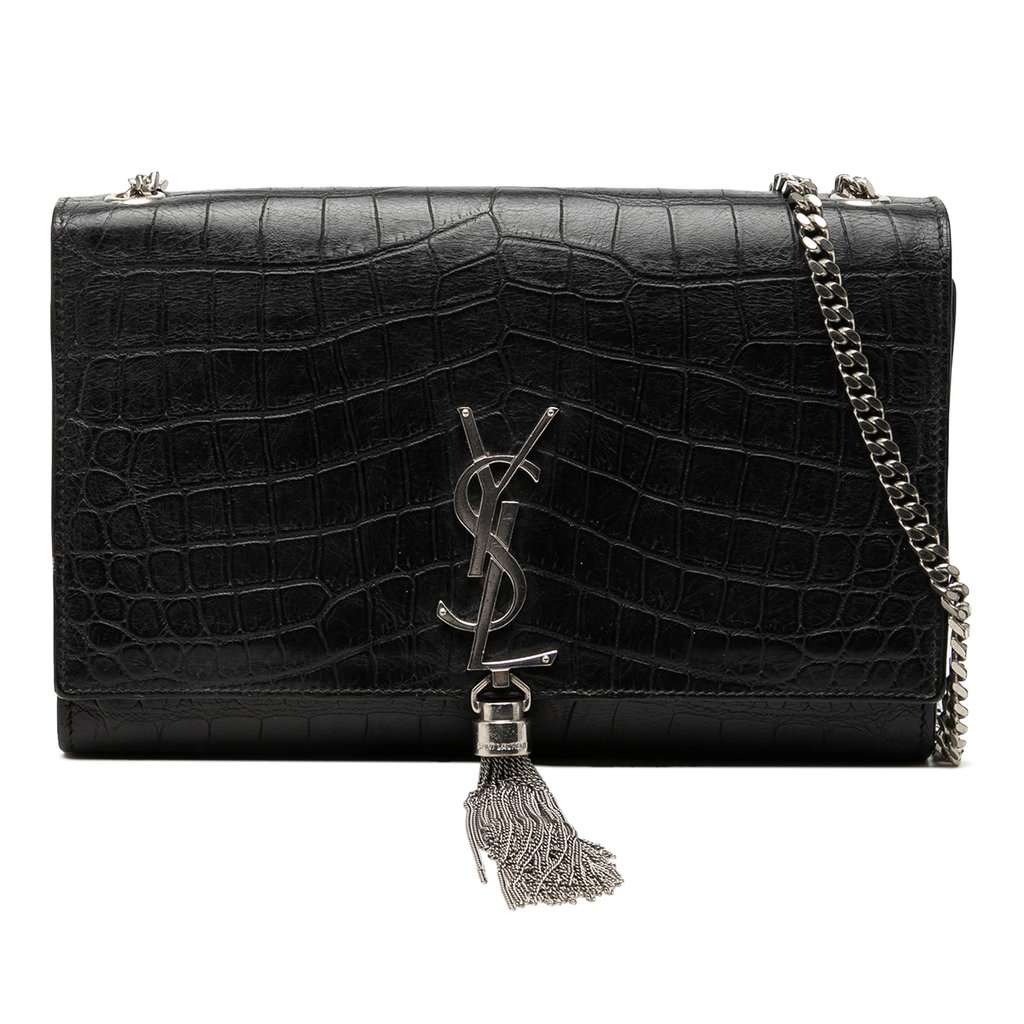 Saint Laurent Medium Croc Embossed Leather Monogram Kate Tassel Crossbody Black Leather Very good condition - Front View