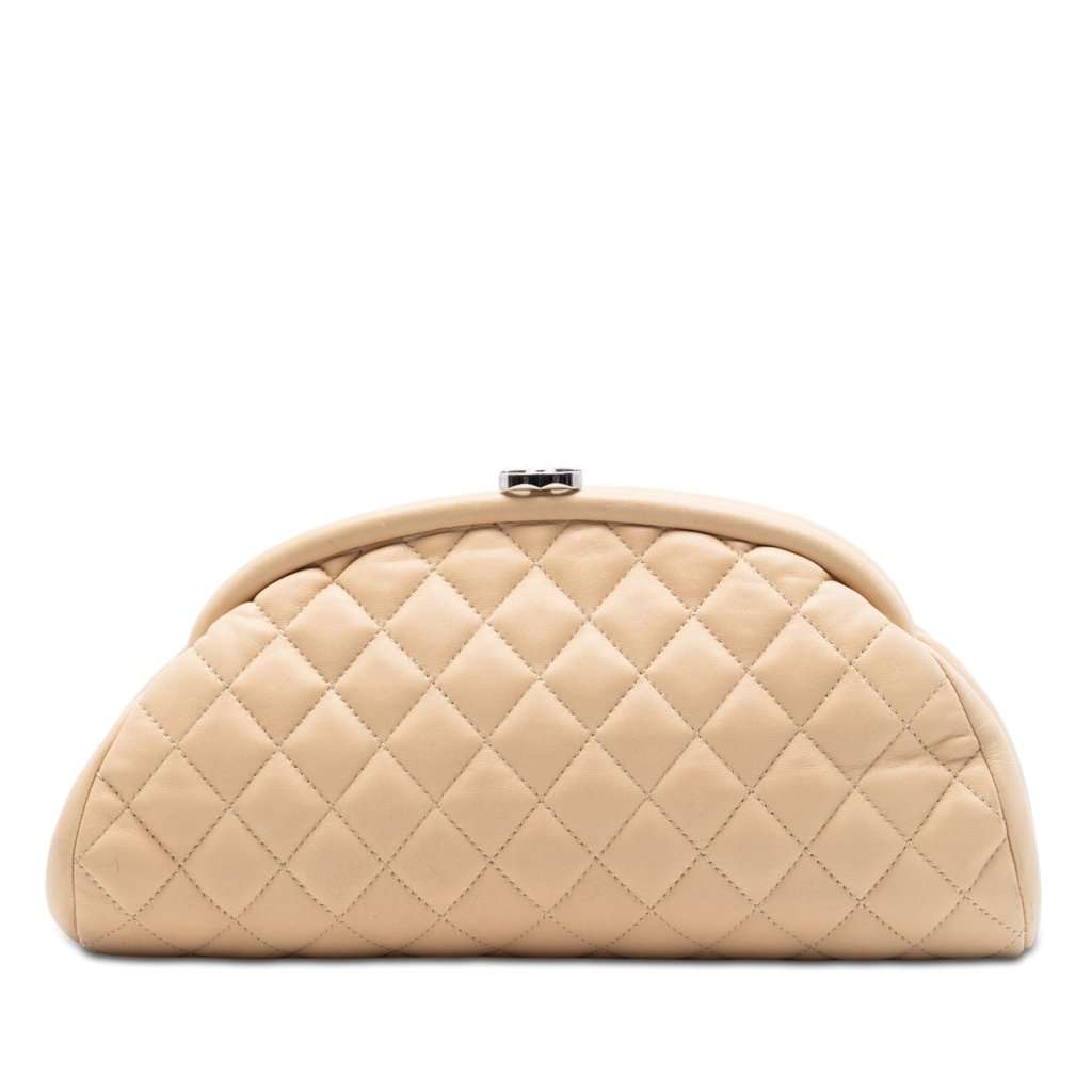 Chanel Quilted Lambskin Timeless Kisslock Clutch Beige Leather Very good condition - Front View