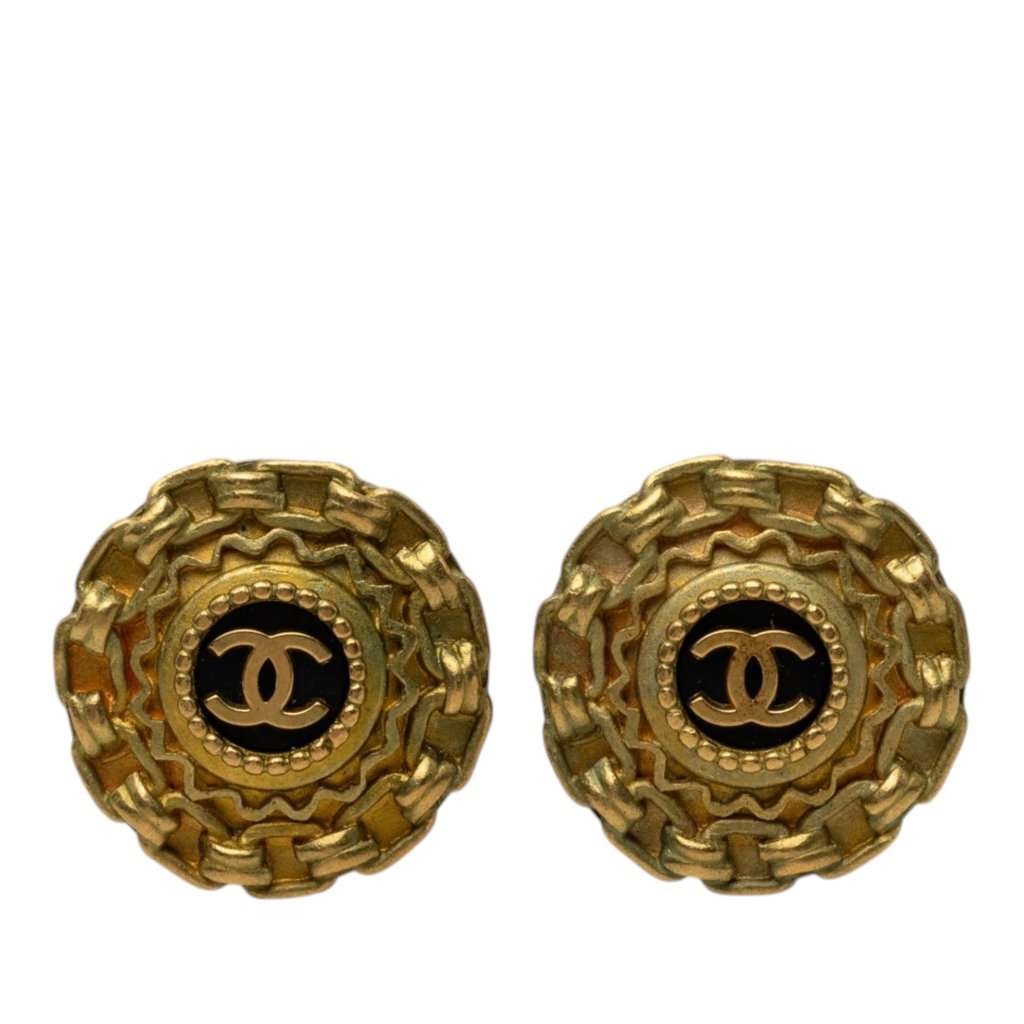 Chanel CC Gold Plated Resin Chain Round Clip On Earrings Gold Metal Very good - Front View