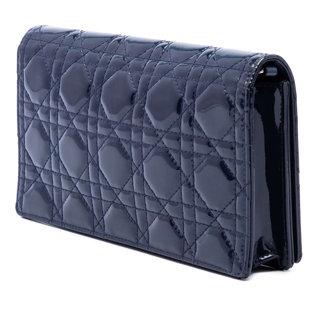 Dior Patent Cannage Lady Dior Pouch with Chain Blue Leather Very good - Back View