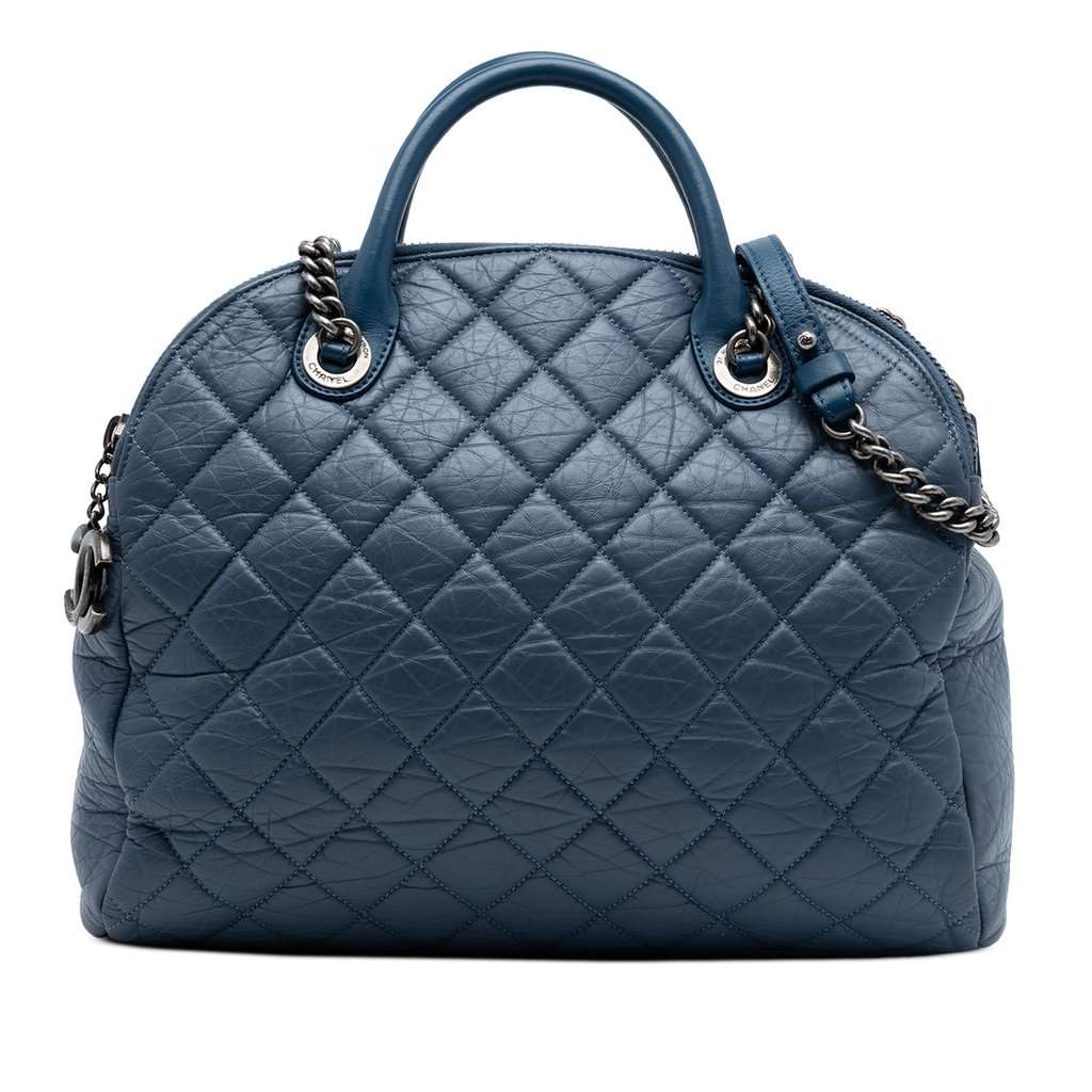 Chanel CC Quilted Aged Calfskin Bowling Bag Blue Leather Very good condition - Front View