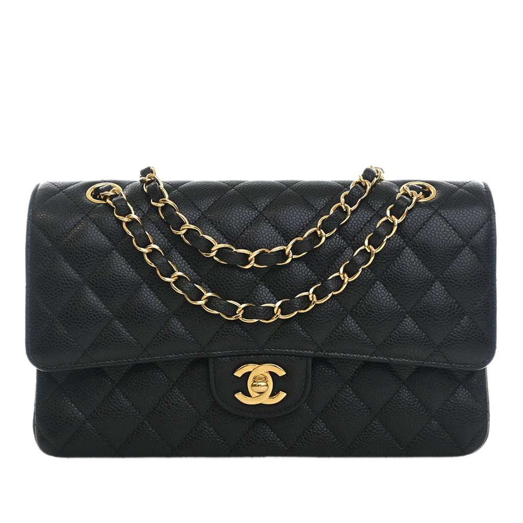 Chanel Medium Classic Caviar Double Flap Black Leather Very good - Front View