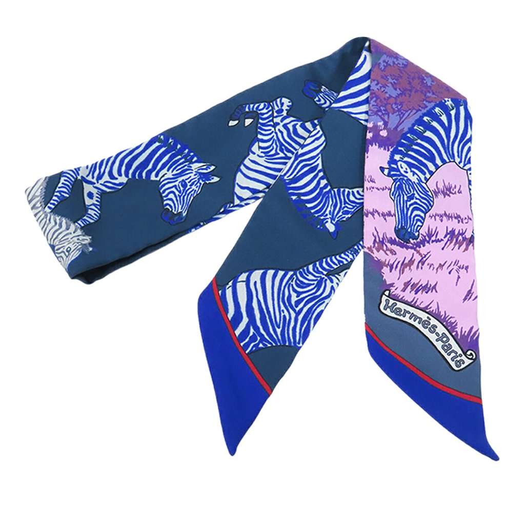 Hermès Les Zebres Silk Twilly Scarf Blue Very good - Back View