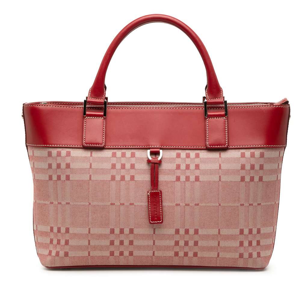 Burberry Leather Trimmed Tonal Check Canvas Handbag Red Very good condition - Front View