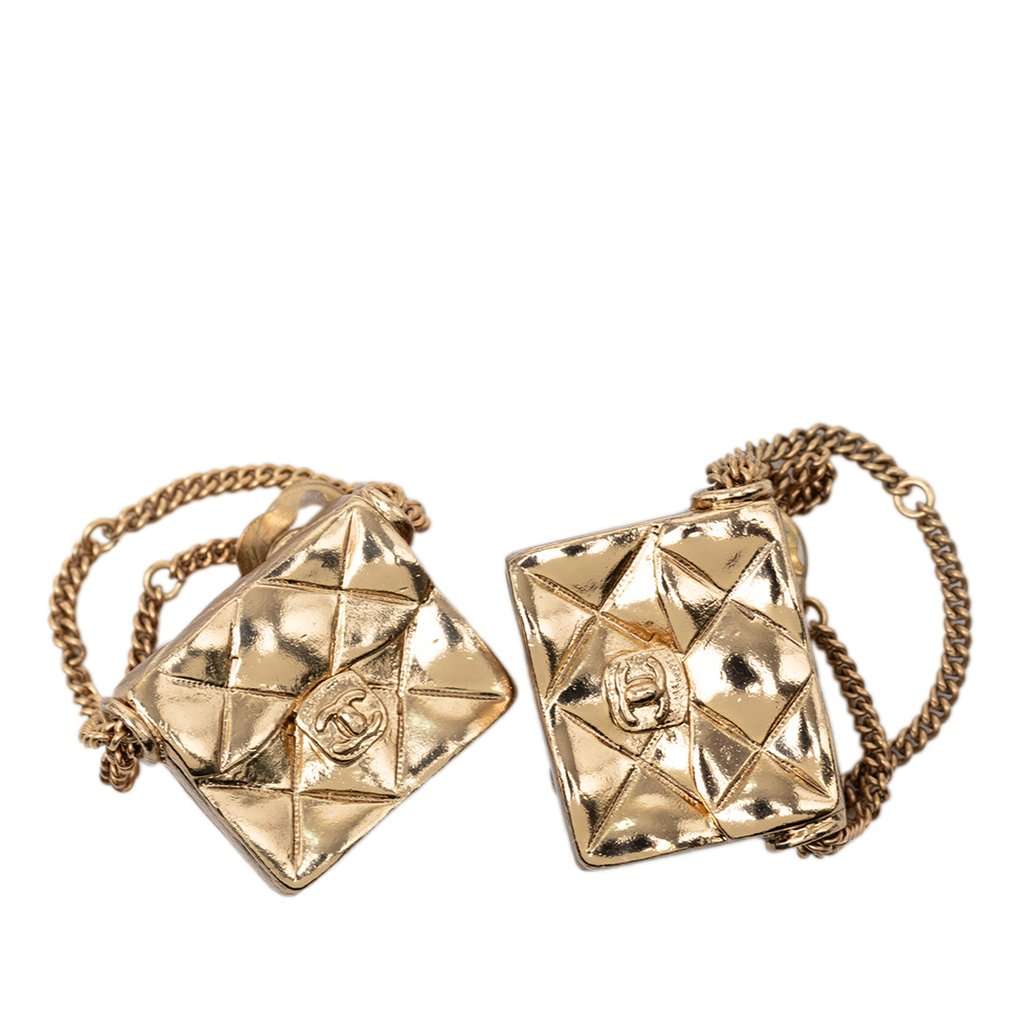 Chanel CC Gold Plated Quilted Flap Bag Clip On Earrings Gold Metal Very good - Front View