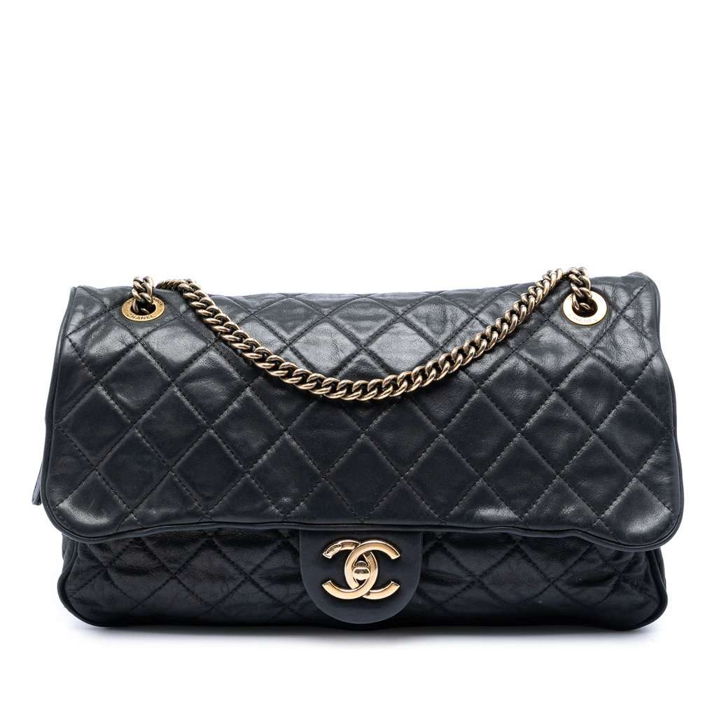 Chanel Large Quilted Iridescent Calfskin Shiva Flap Black Leather Very good condition - Front View