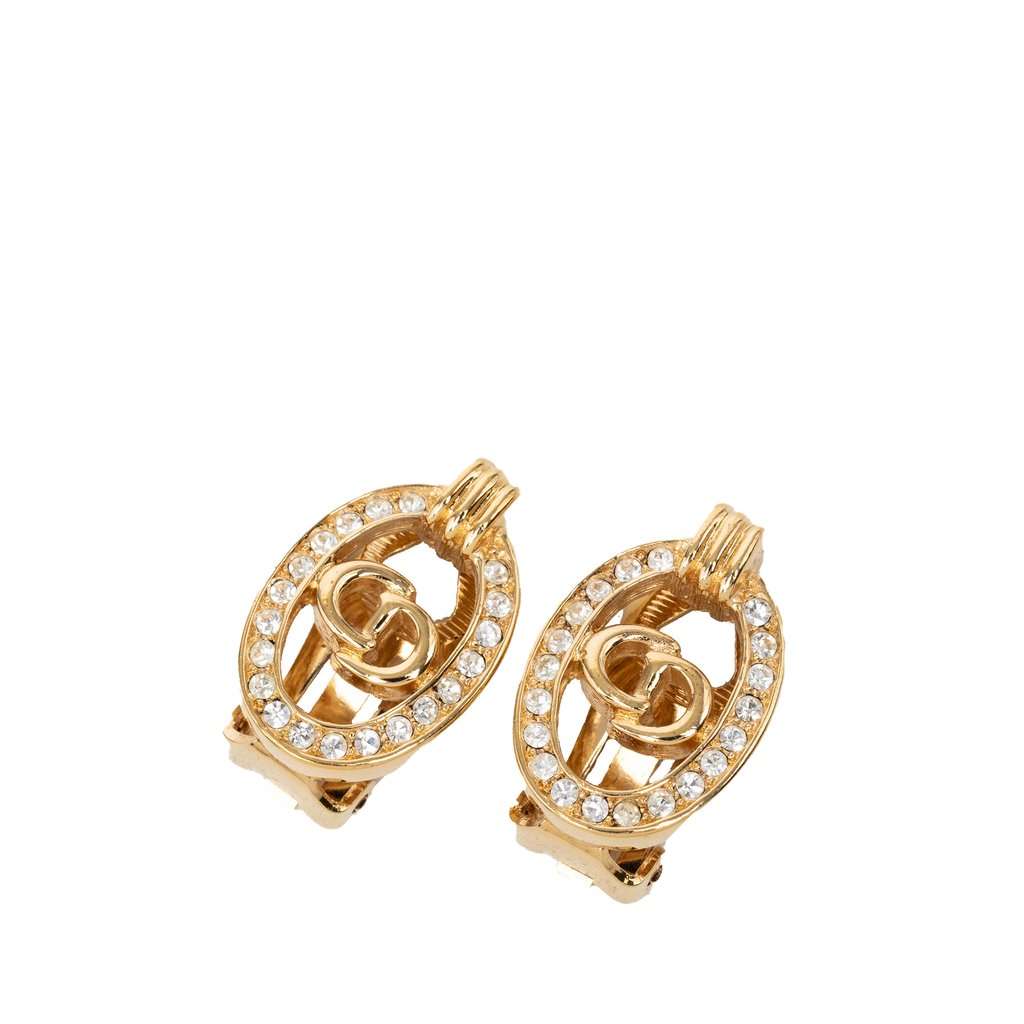 Dior Gold Plated Strass CD Logo Clip On Earrings Gold Metal Very good condition - Front View