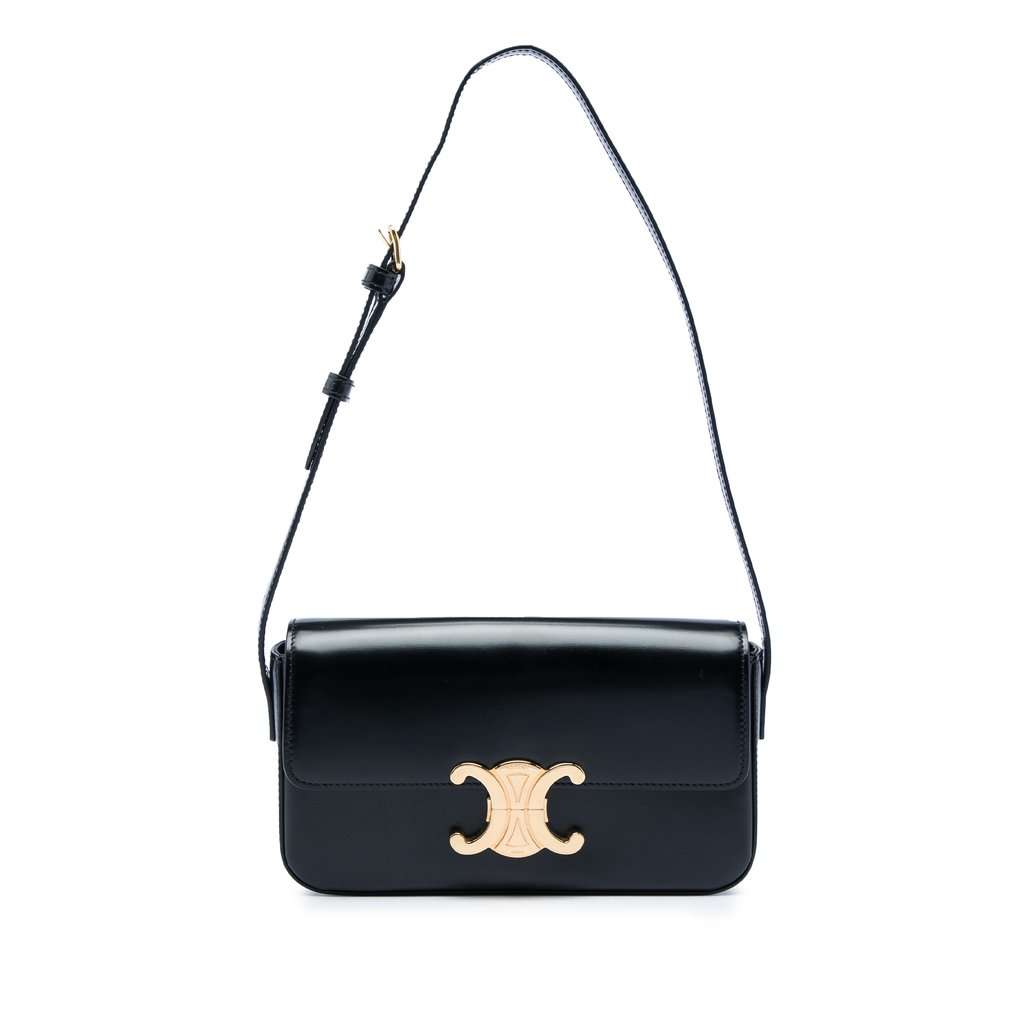 Celine Shiny Calfskin Triomphe Claude Shoulder Bag Black Leather Very good condition - Front View