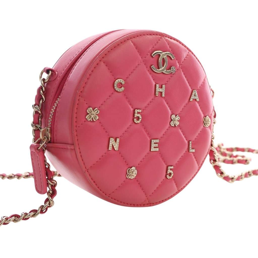 Chanel CC Quilted Lambskin Lucky Charms Round Clutch with Chain Pink Leather Very good - Back View
